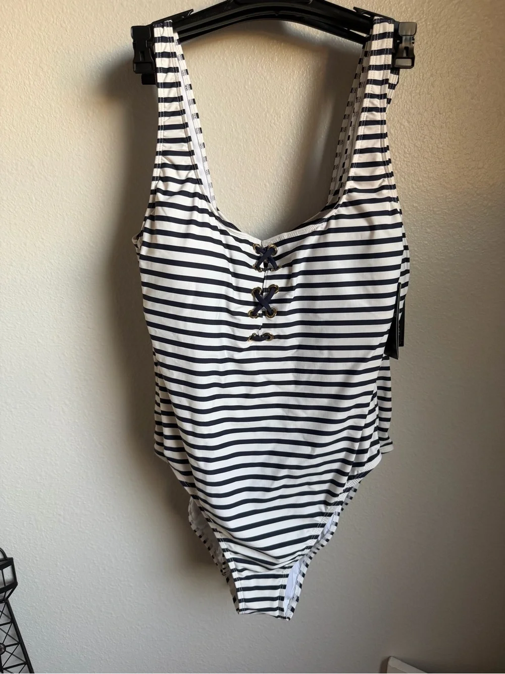 NWT Lauren Ralph Lauren Navy/White Luxe Stripe Laced Tank Swimsuit One Piece